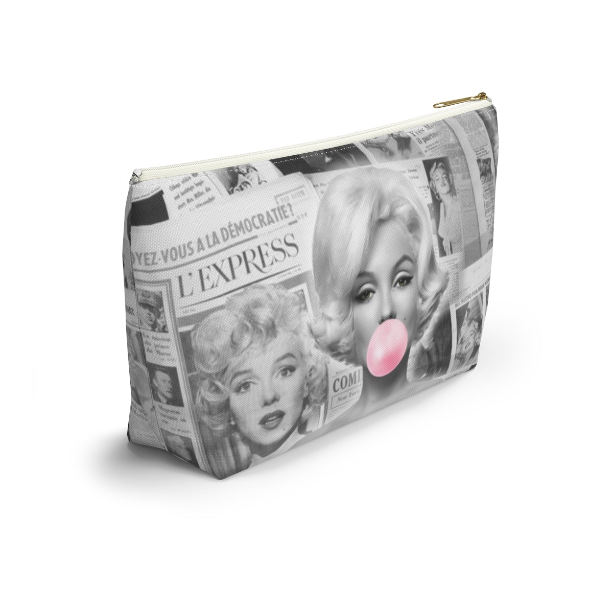 Marilyn Monroe Cosmetic Pouch w T-bottom, Accessory Pouch - Marilyn Bubblegum Pink International News Makeup Bag