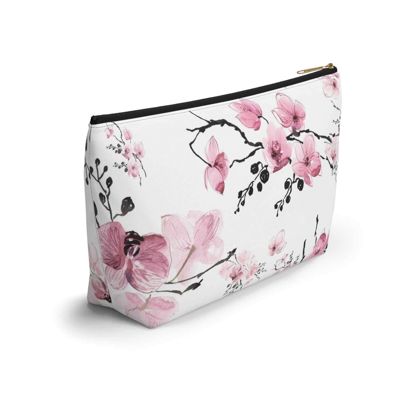 Sakura Cosmetic Pouch w T-bottom, Accessory Pouch - Pink Watercolor Cherry Blossom Makeup Bag