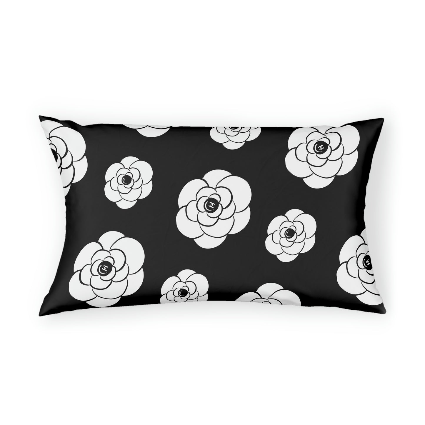 White Camillia Flower Pillow Sham - Custom Designer Logo Pillow Sham - Hand Drawn Flower Black Noir Bed Pillow Covers