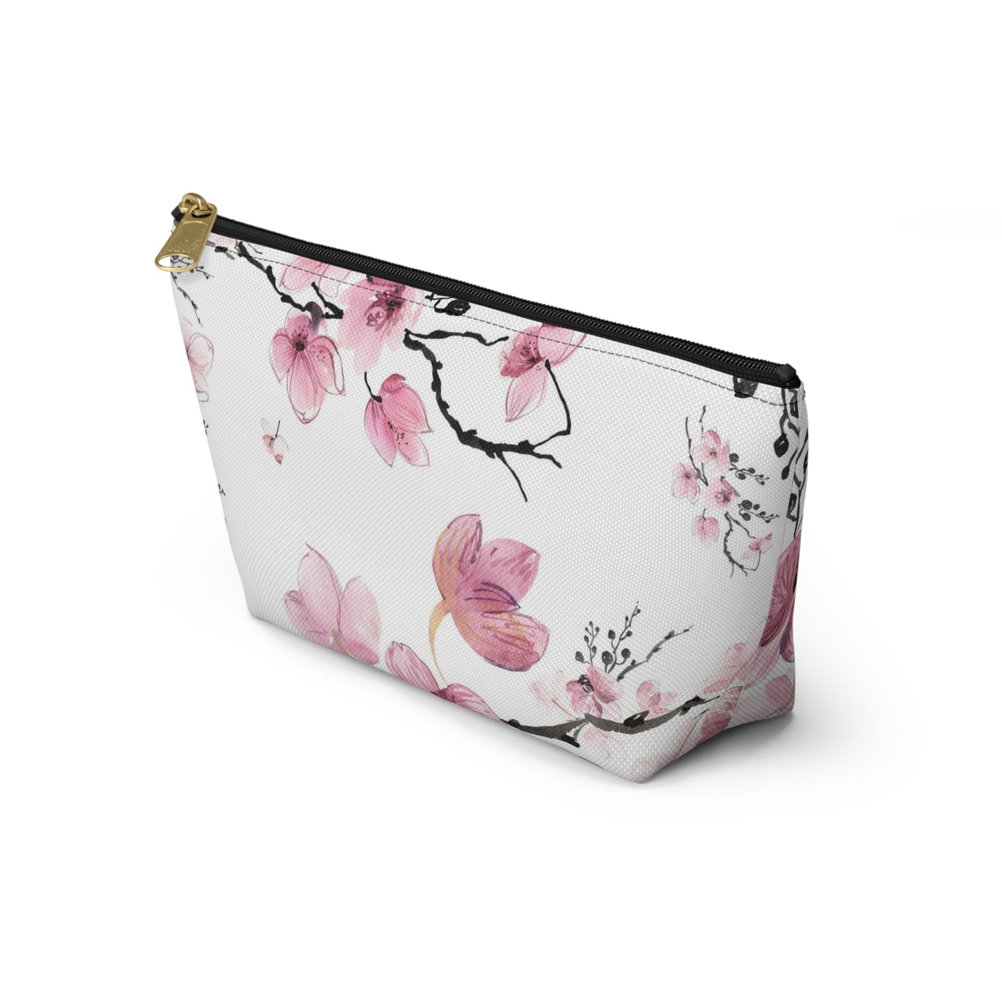 Sakura Cosmetic Pouch w T-bottom, Accessory Pouch - Pink Watercolor Cherry Blossom Makeup Bag