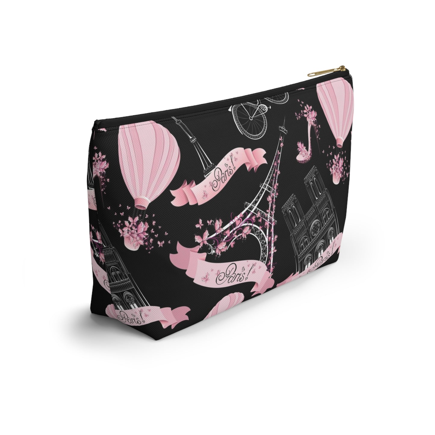 Whimsy in Paris Cosmetic Pouch w T-bottom, Accessory Pouch - Pink and Black Eiffel Tower Paris France Pouch