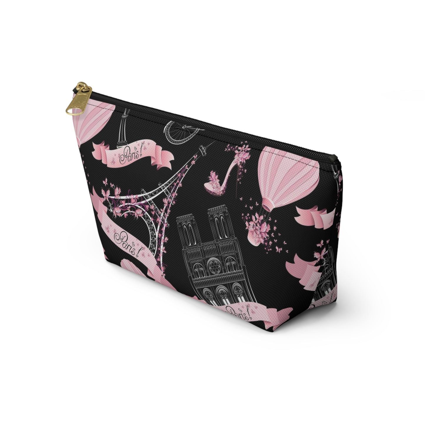 Whimsy in Paris Cosmetic Pouch w T-bottom, Accessory Pouch - Pink and Black Eiffel Tower Paris France Pouch