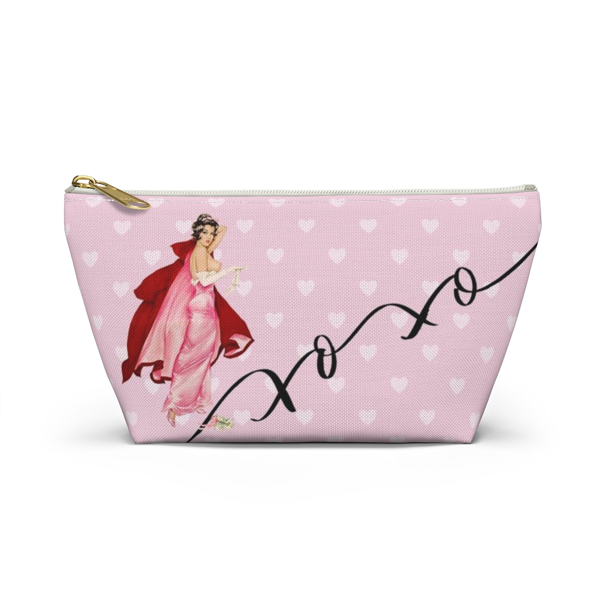 Personalized Pink Pinup Girl Cosmetic Pouch w T-bottom, Accessory Pouch - Red Riding Hood XOXO