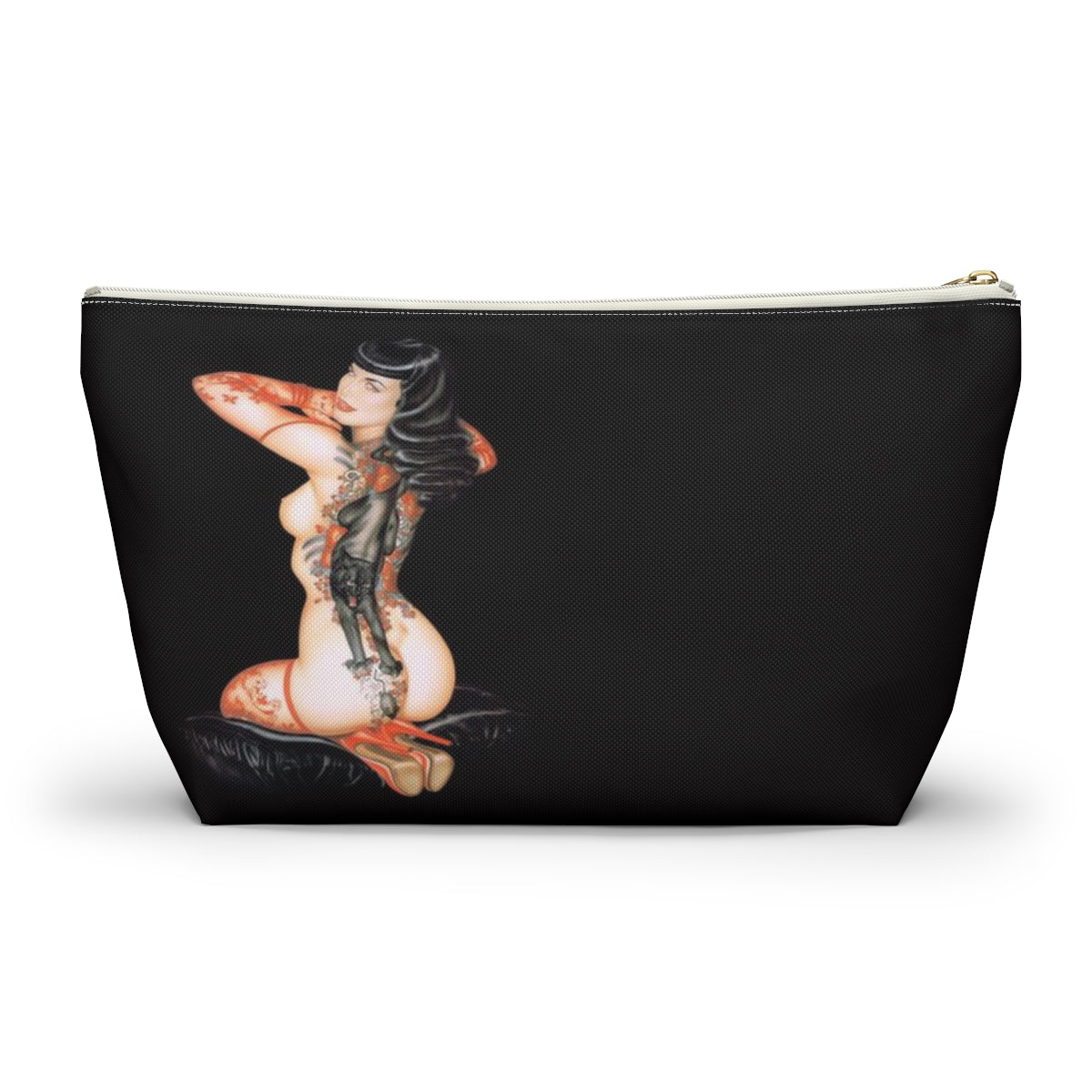 Pinup Girl Cosmetic Pouch w T-bottom, Accessory Pouch - Femme Forever Black Cat Tattoo Pinup Girl