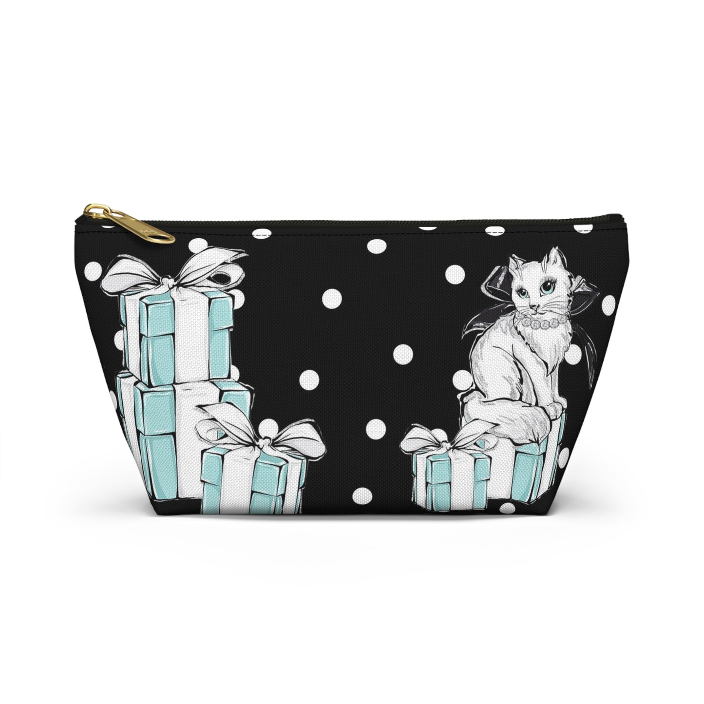 Personalized Kitty Cat Cosmetic Pouch w T-bottom, Accessory Pouch, Cats Polka Dot Breakfast at Tiffany - Black