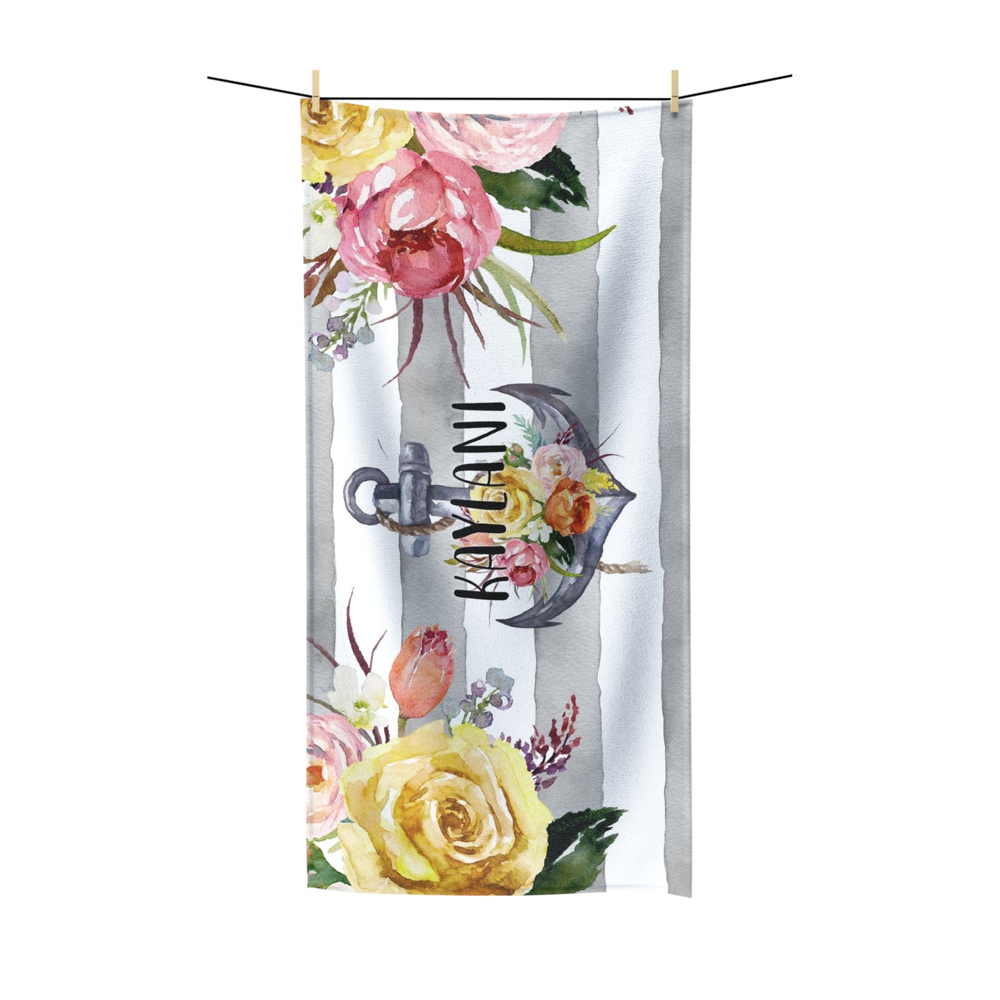 Personalized Anchor Beach Towel - Yellow Rose Anchor Stripe Towel