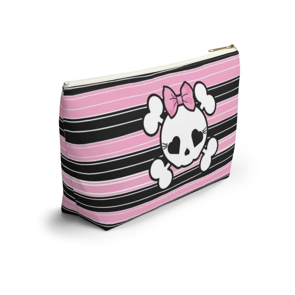 Candy Skull Cosmetic Pouch w T-bottom, Accessory Pouch, Pink Black Stripe