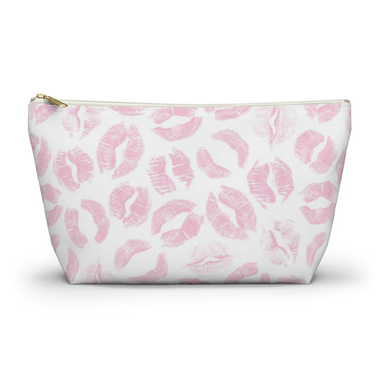 Lip Print Pouch w T-bottom, Accessory Pouch - Pink Kiss