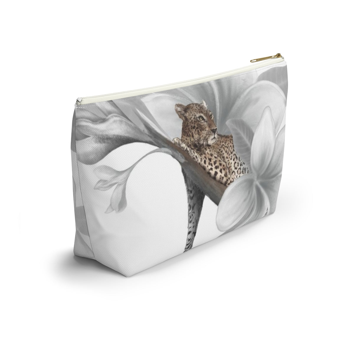 Leopard Cosmetic Pouch w T-bottom, Accessory Pouch - Leopard White Plumeria