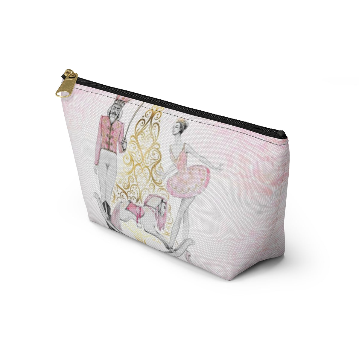 Personalized Nutcracker Ballet Cosmetic Pouch w T-bottom, Accessory Pouch, Pink and Gold