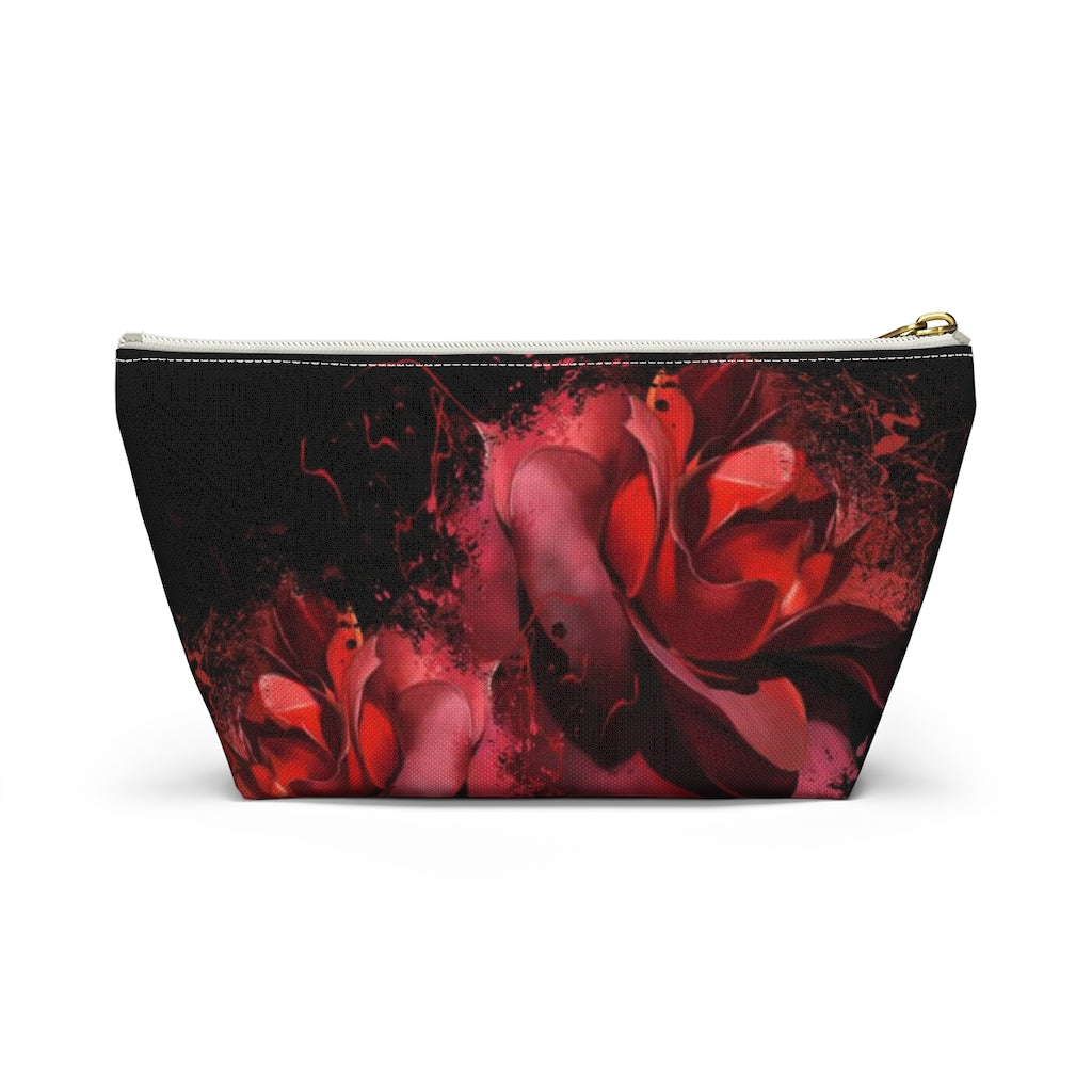 Painted Rose Cosmetic Pouch w T-bottom, Accessory Pouch, Red