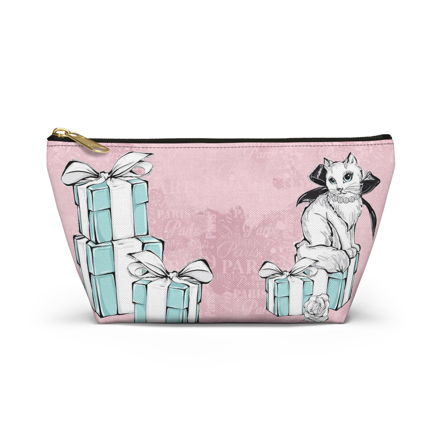 Personalized Kitty Cat Cosmetic Pouch w T-bottom, Accessory Pouch, Cat Lovers Little Blue Gift Box - Paris Pink