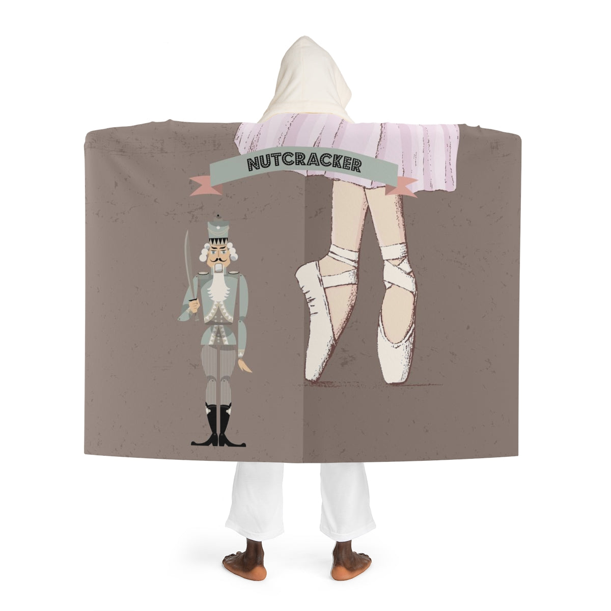 Personalized Nutcracker Ballet Blanket with Hood, Sherpa Fleece with Hood, Hooded Shrug, Hooded Blanket - Taupe Nutcracker Ballerina