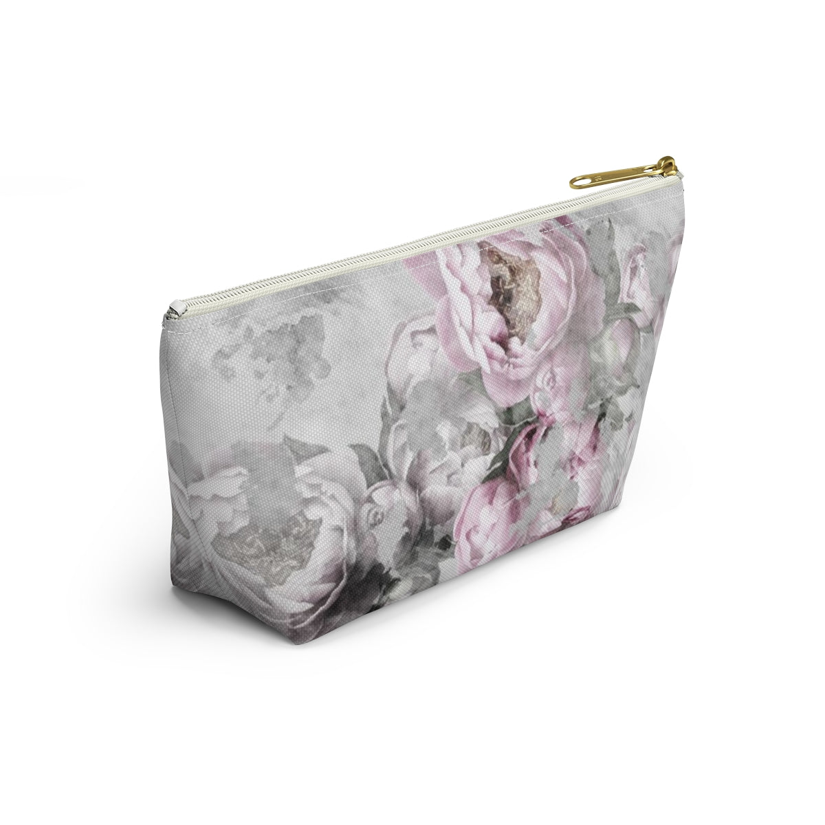 Peony Cosmetic Pouch w T-bottom, Accessory Pouch, Antiqued Pink and Grey