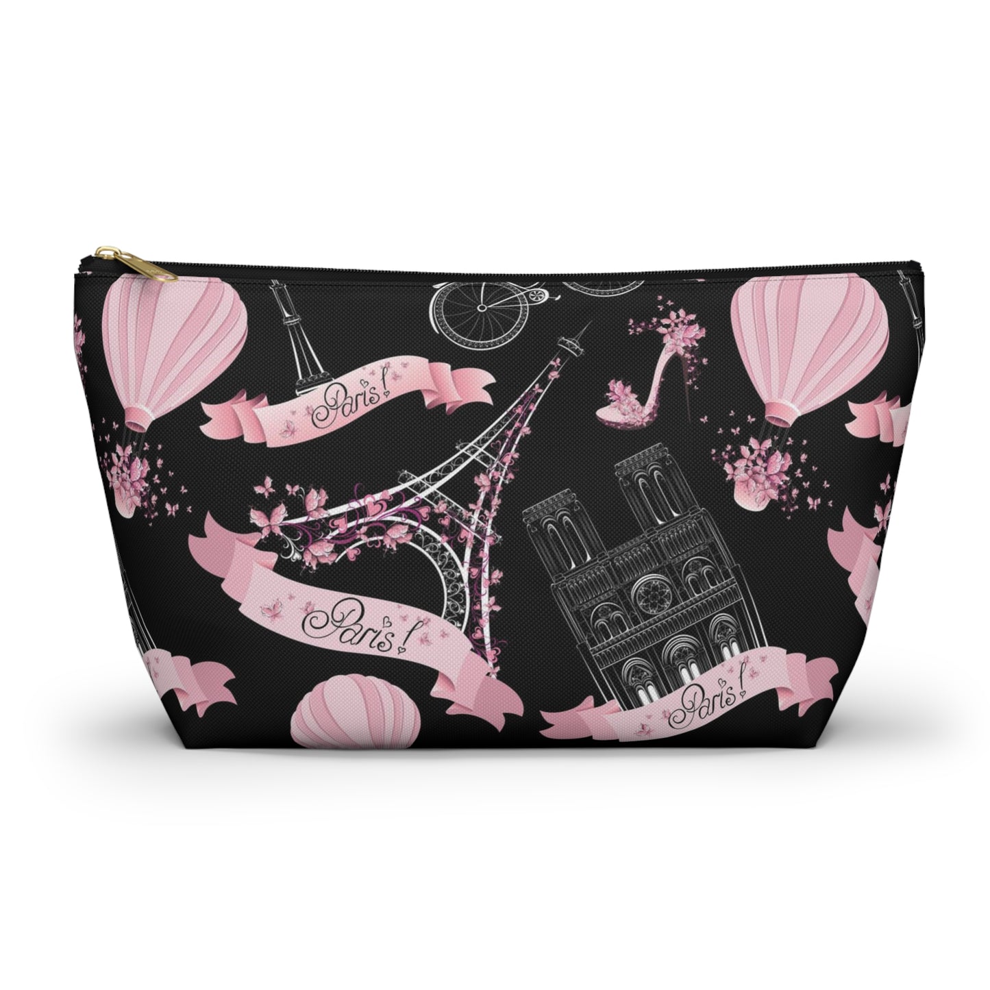 Whimsy in Paris Cosmetic Pouch w T-bottom, Accessory Pouch - Pink and Black Eiffel Tower Paris France Pouch