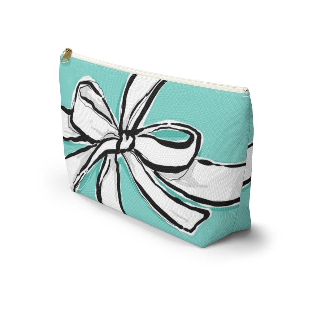 Blue Green Bow Cosmetic Pouch w T-bottom, Accessory Pouch, Breakfast at Tiffany