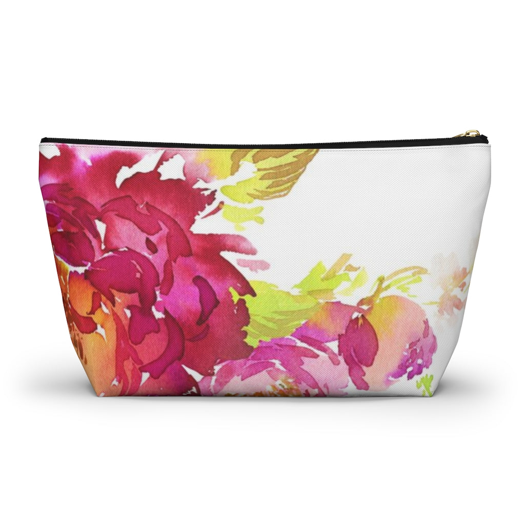 Bright Floral Cosmetic Pouch w T-bottom, Accessory Pouch, Pink