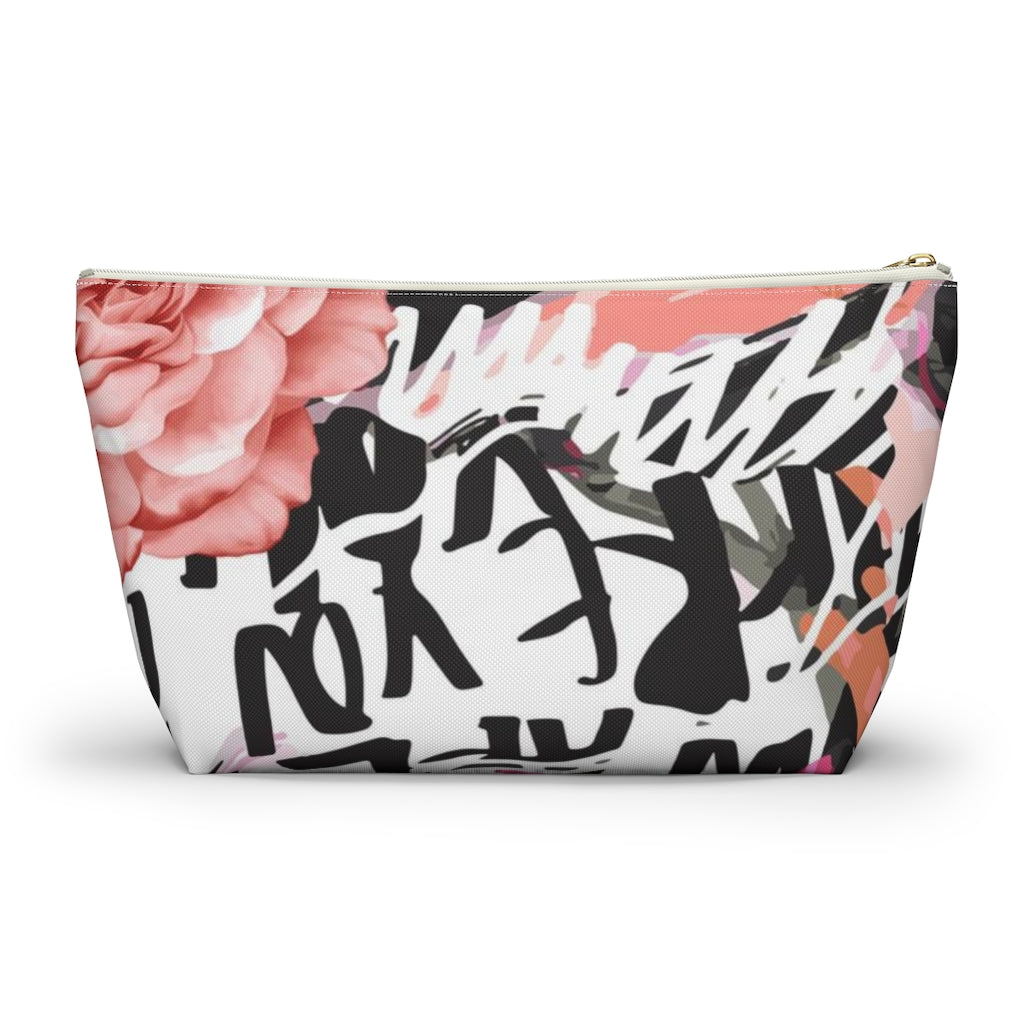 Abstract Rose Cosmetic Pouch w T-bottom, Accessory Pouch, Pink and Orange