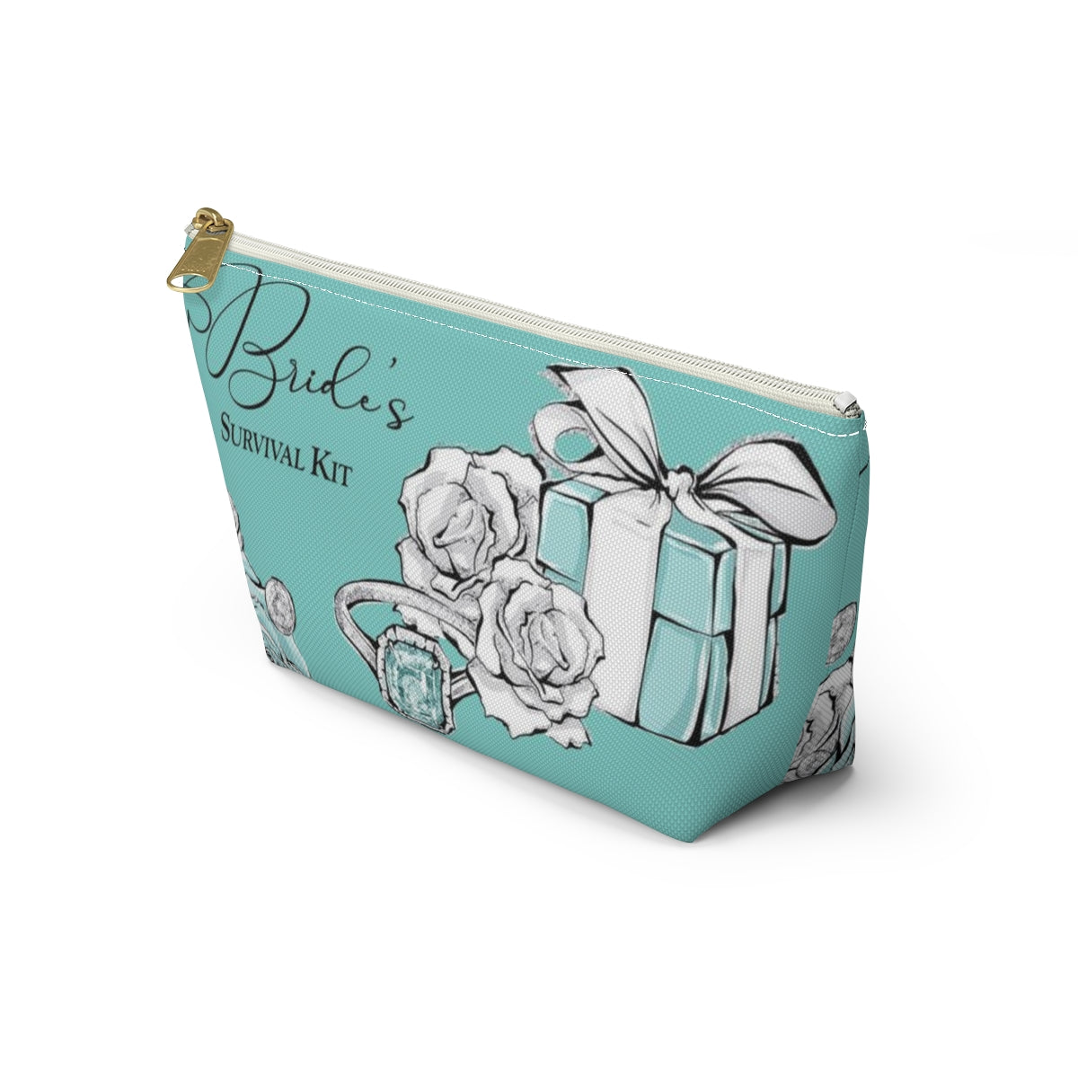 Brides Survival Kit Cosmetic Pouch w T-bottom, Accessory Pouch, Blue Green