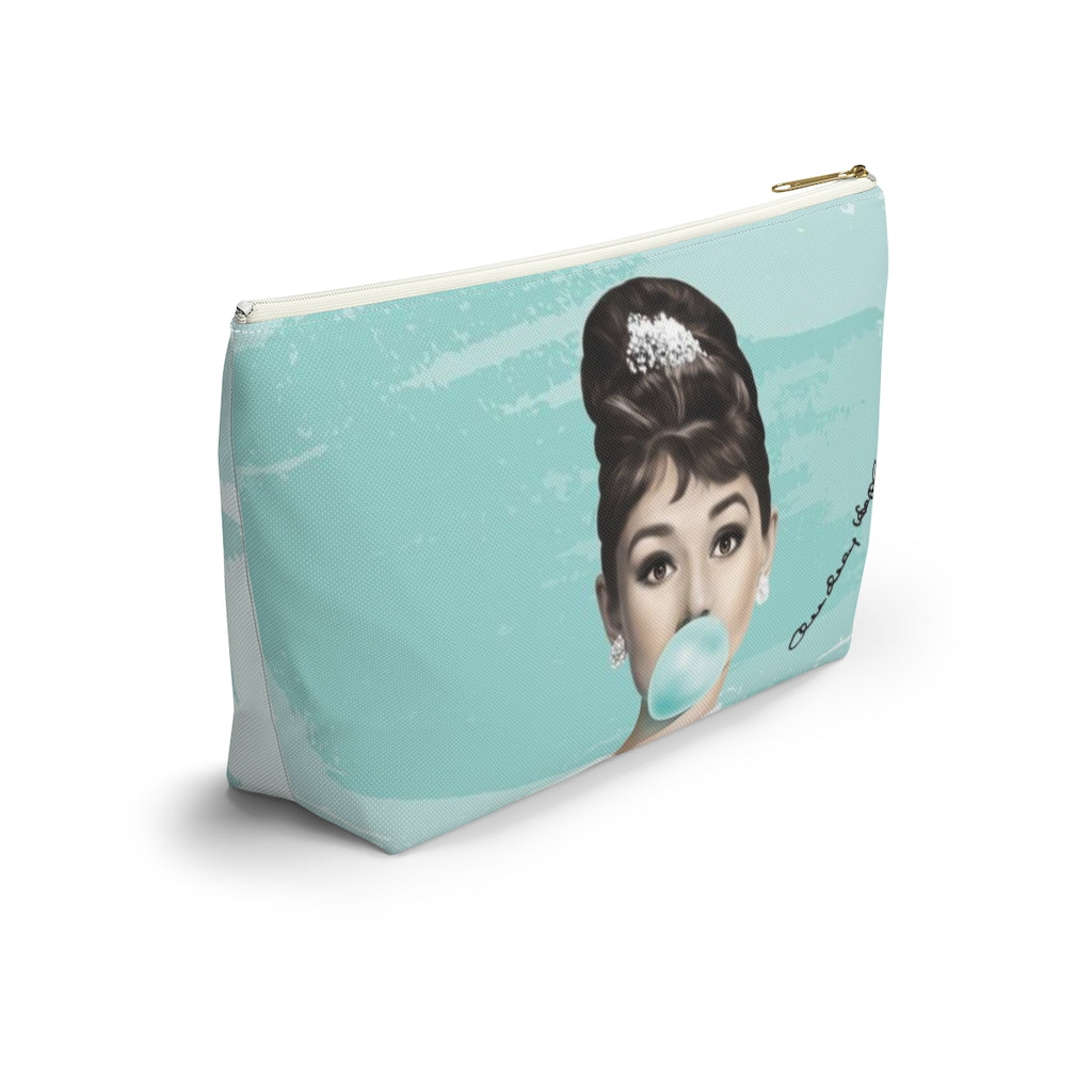 Audrey Hepburn Cosmetic Pouch w T-bottom, Accessory Pouch, Blue Green Signature