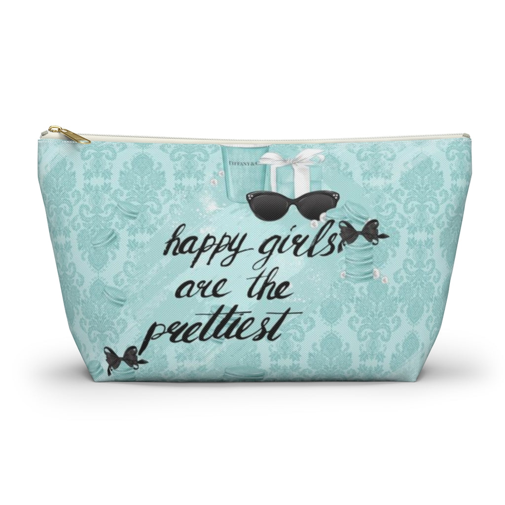 Happy Girls are the Prettiest Cosmetic Pouch w T-bottom, Accessory Pouch, Breakfast at Tiffany