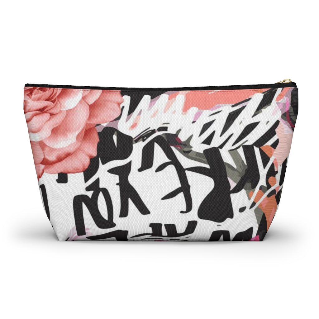 Abstract Rose Cosmetic Pouch w T-bottom, Accessory Pouch, Pink and Orange