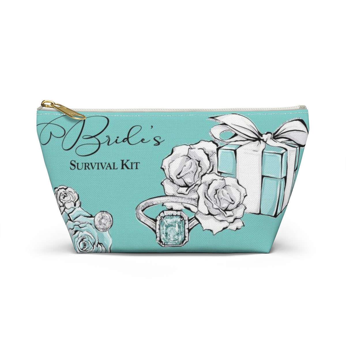 Brides Survival Kit Cosmetic Pouch w T-bottom, Accessory Pouch, Blue Green