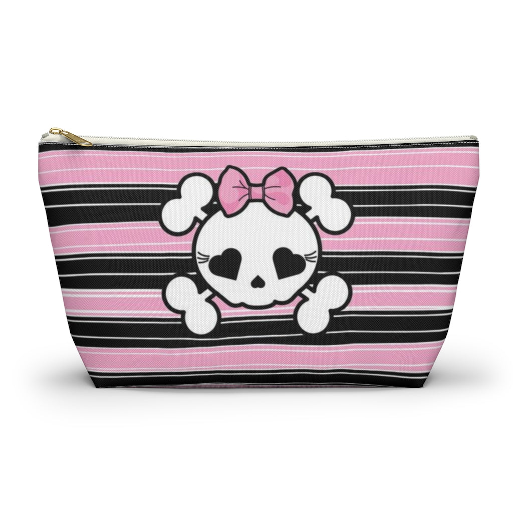 Candy Skull Cosmetic Pouch w T-bottom, Accessory Pouch, Pink Black Stripe