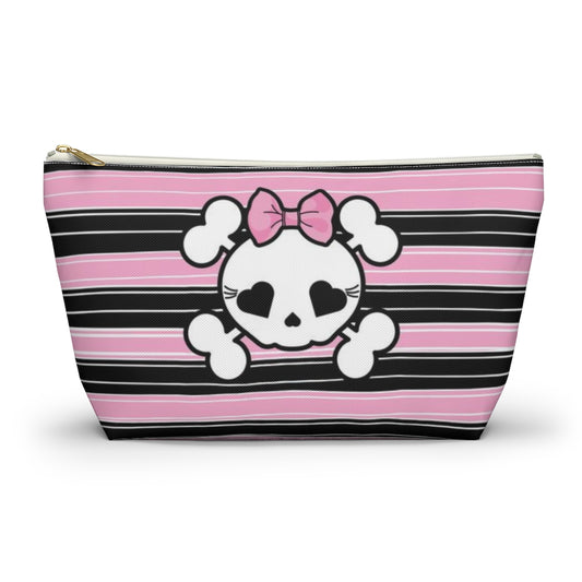 Candy Skull Cosmetic Pouch w T-bottom, Accessory Pouch, Pink Black Stripe