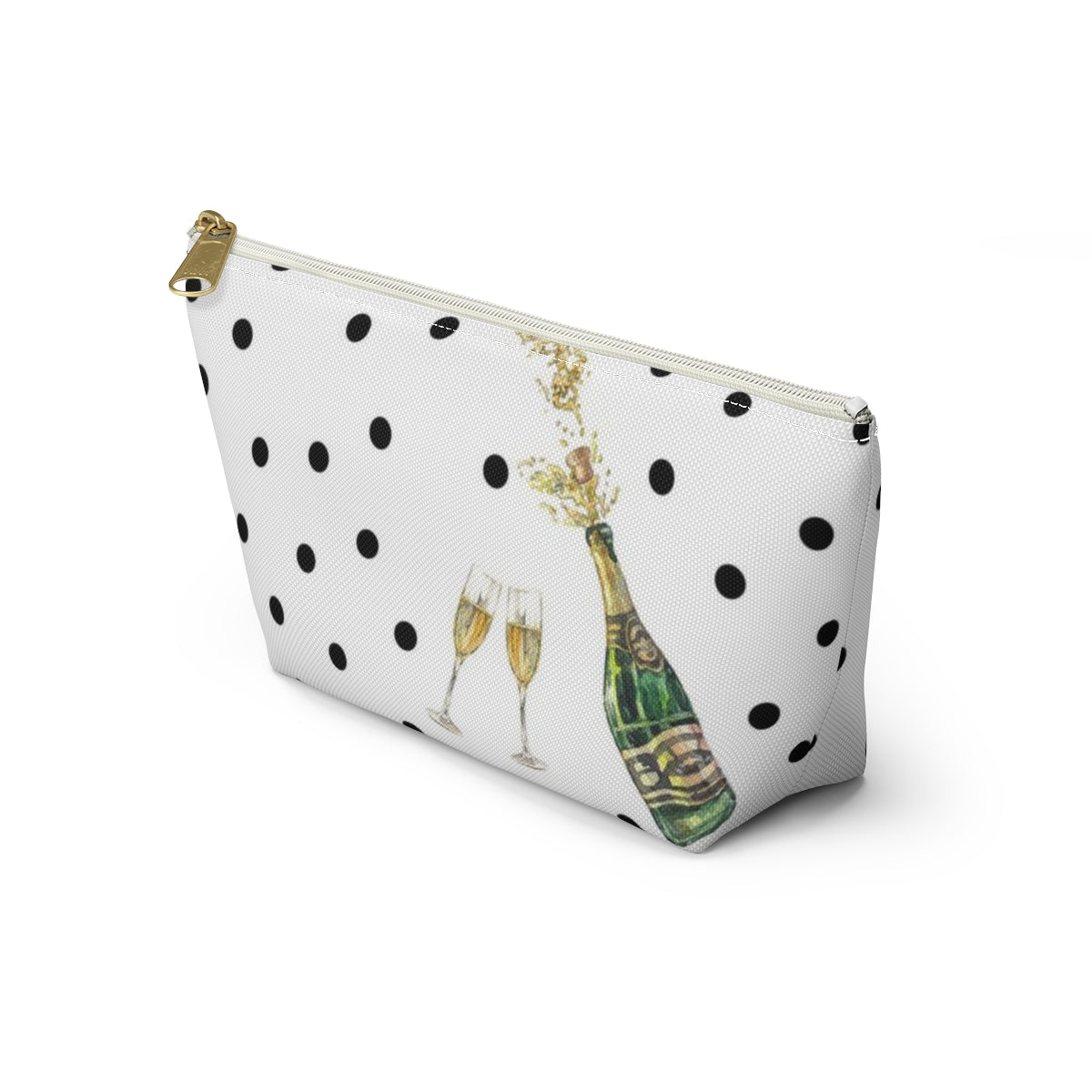 Personalized Champaign Cosmetic Pouch w T-bottom, Accessory Pouch, Celebration Polka Dot