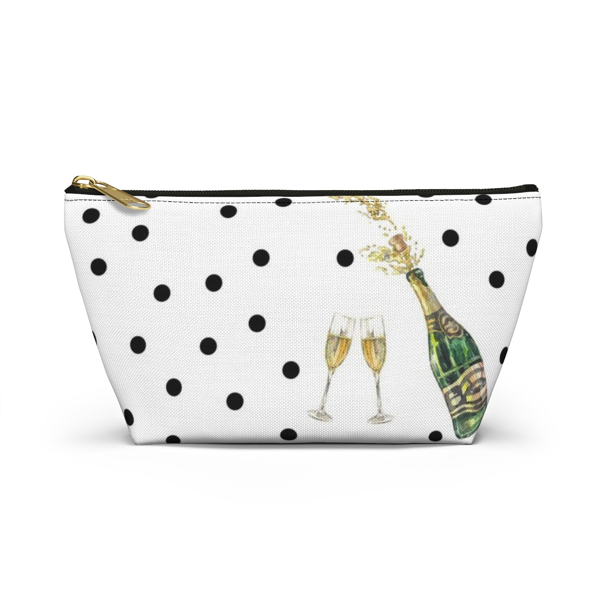 Personalized Champaign Cosmetic Pouch w T-bottom, Accessory Pouch, Celebration Polka Dot