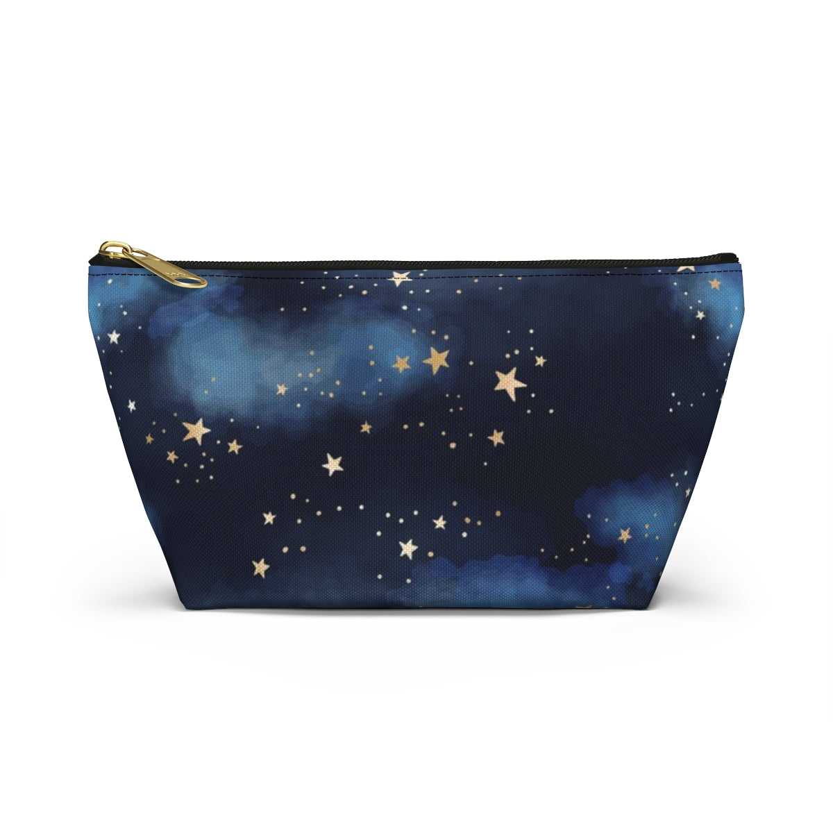 Personalized Starry Night Cosmetic Pouch w T-bottom, Accessory Pouch - Midnight Blue Clouds Gold Stars