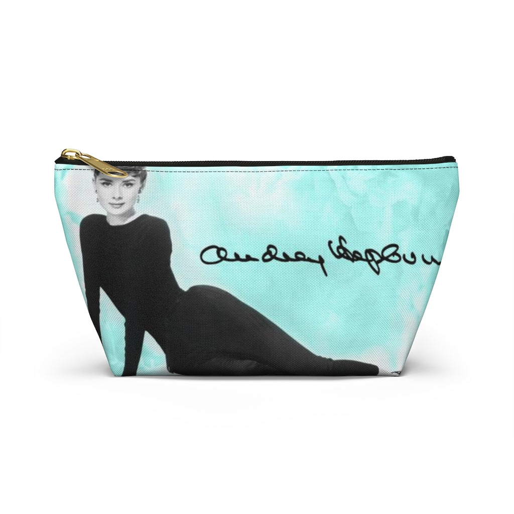 Audrey Hepburn Signature Cosmetic Pouch w T-bottom, Accessory Pouch, Blue Green