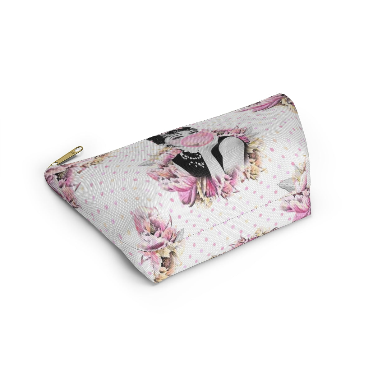 Audrey Hepburn Bubblegum Cosmetic Pouch w T-bottom, Accessory Pouch, Pink Polka Dot