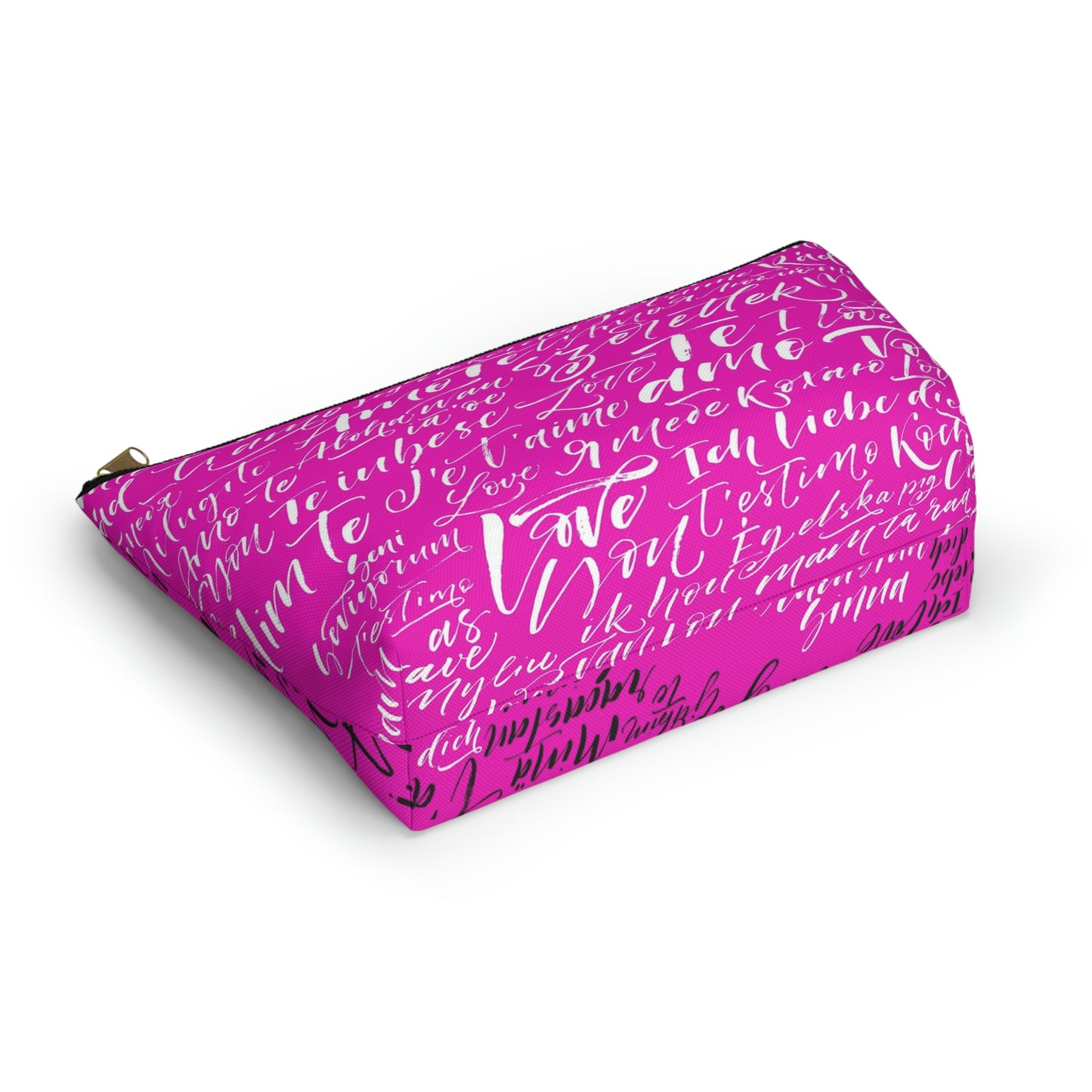 Hot Pink Love Language Cosmetic Pouch w T-bottom, Accessory Pouch - I love you Bag