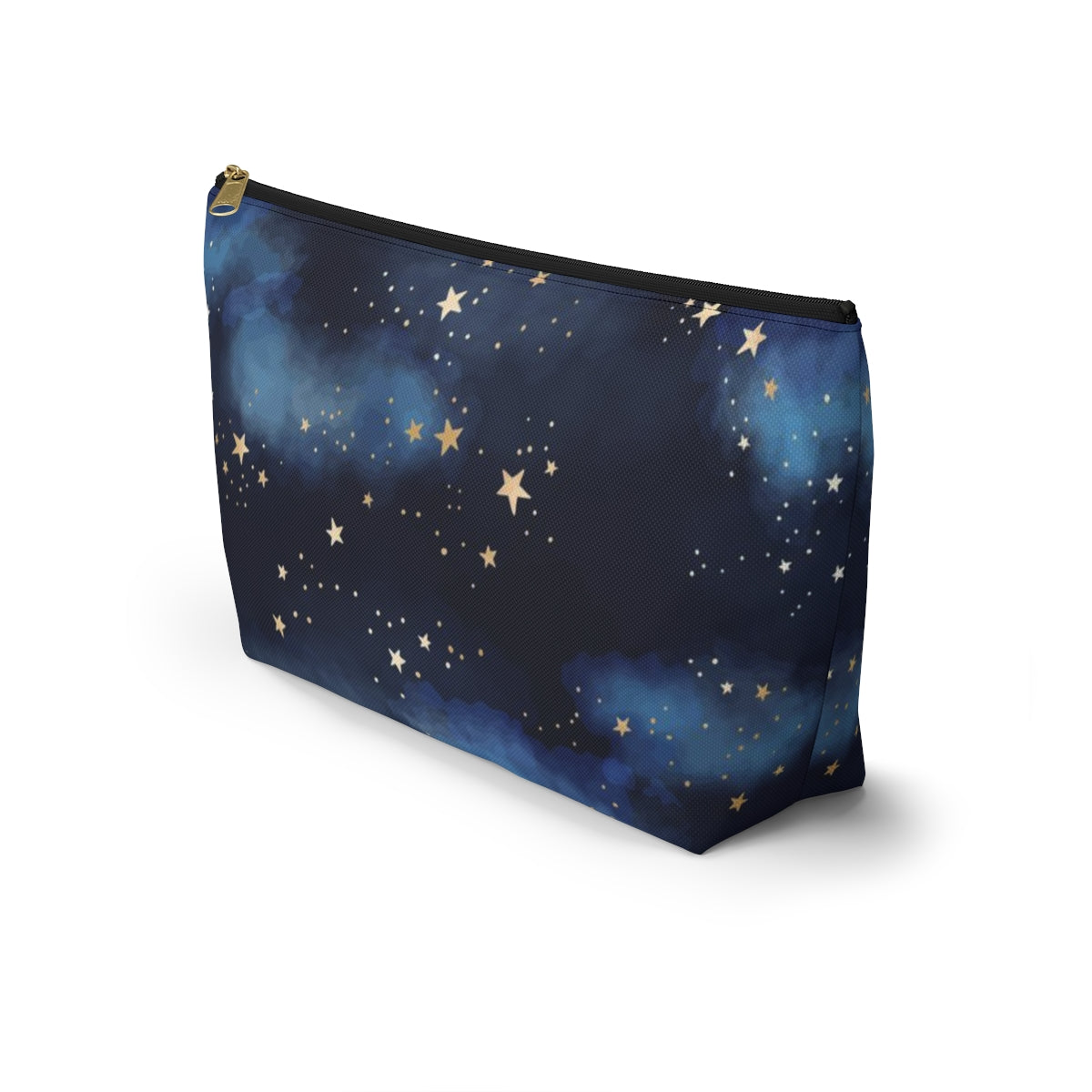 Personalized Starry Night Cosmetic Pouch w T-bottom, Accessory Pouch - Midnight Blue Clouds Gold Stars