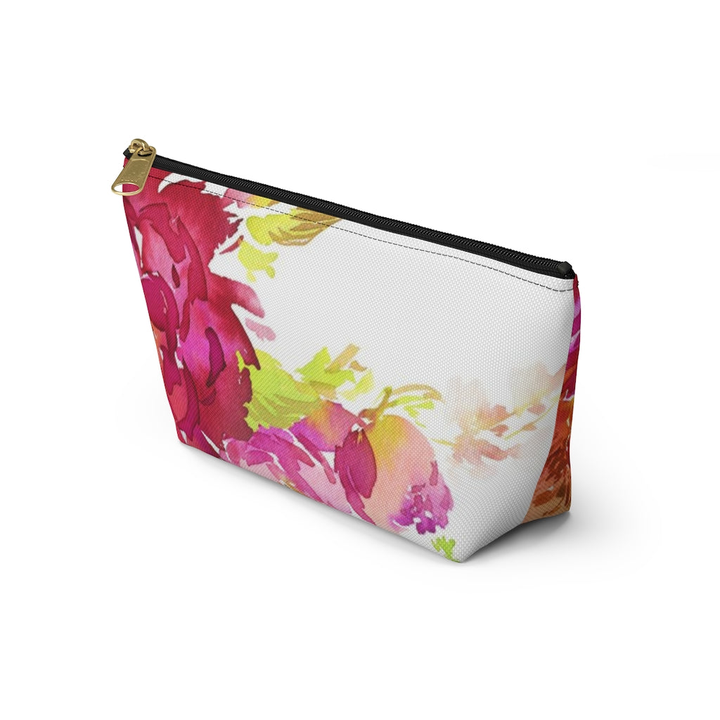 Bright Floral Cosmetic Pouch w T-bottom, Accessory Pouch, Pink