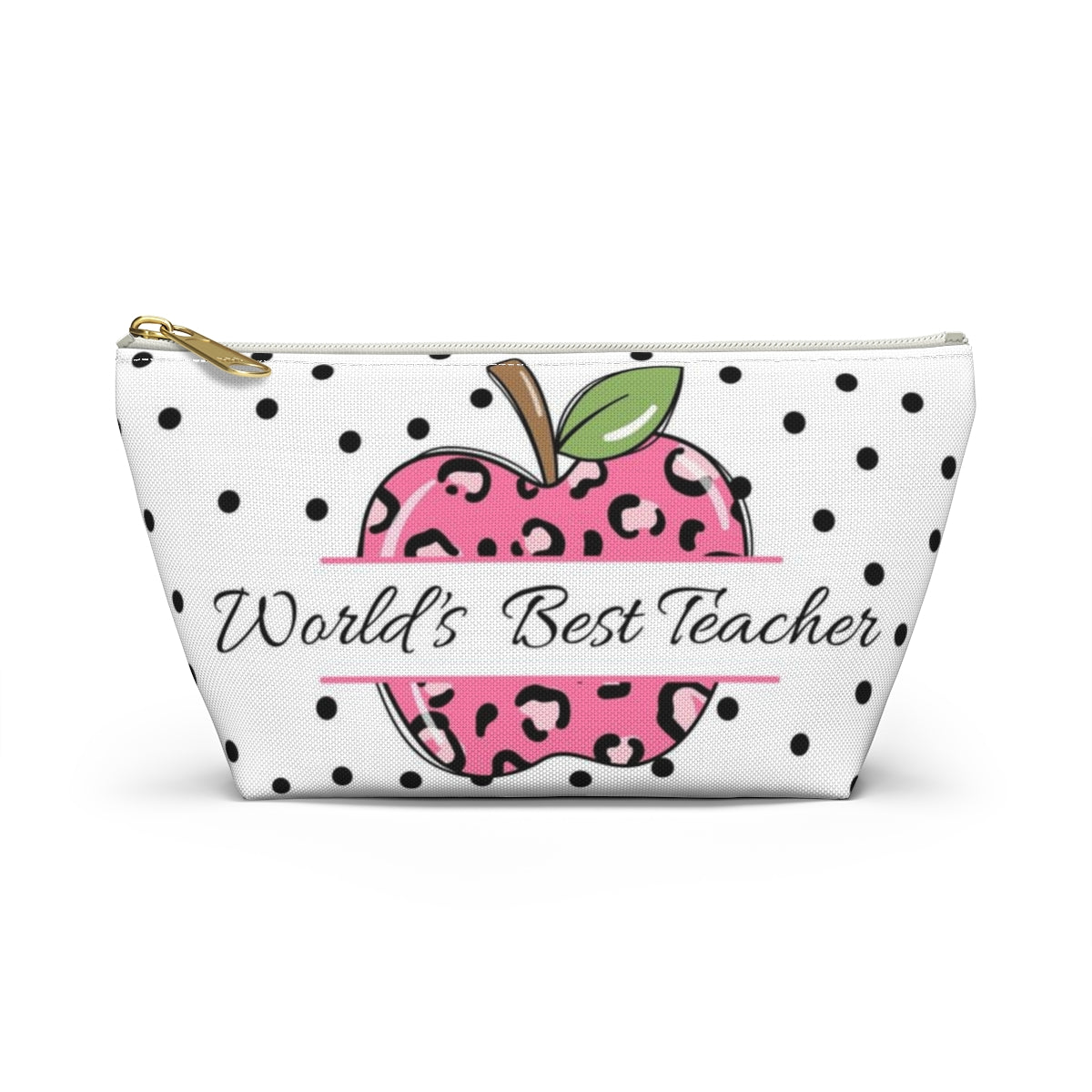 Personalized World's Best Teacher Cosmetic Pouch w T-bottom, Accessory Pouch, Pink Leopard Apple Dot