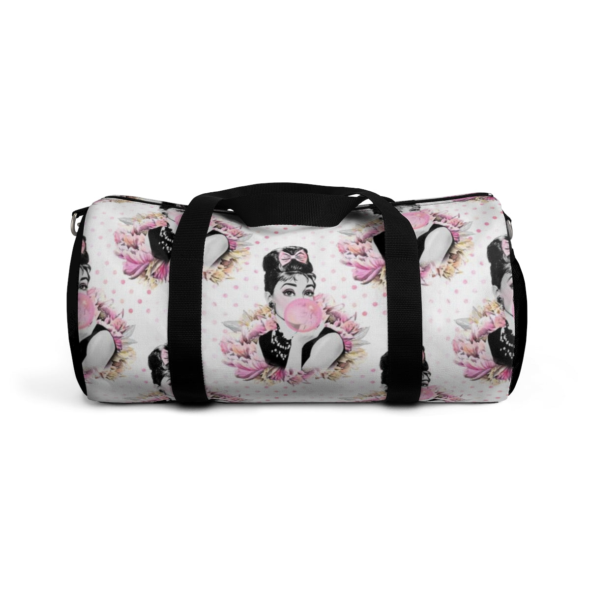 Personalized Audrey Hepburn Duffel Bag - Pink Bubblegum Polka Dot