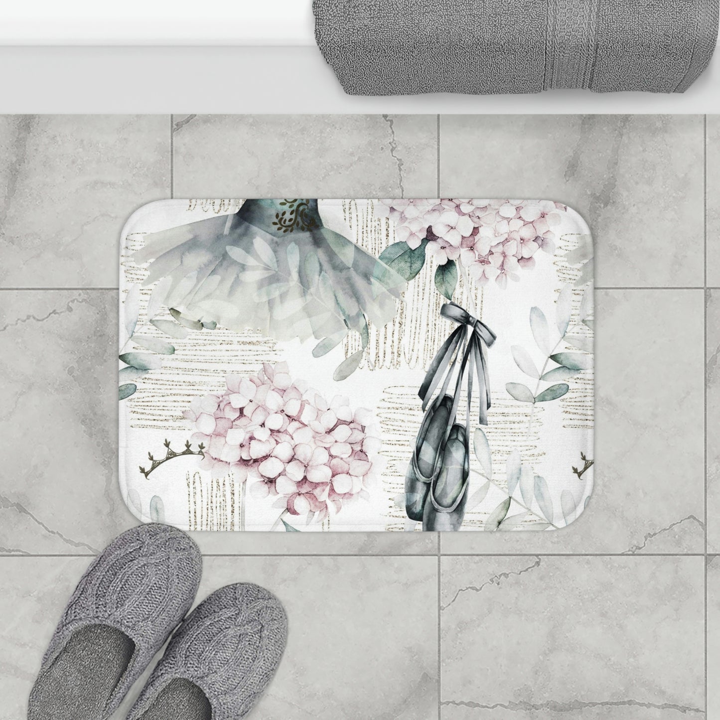 Ballet Bath Mat - Personalized Ballet Floor Mat - Ballet Slippers Pink Hydrangea Fashion Bathroom Shower Mat