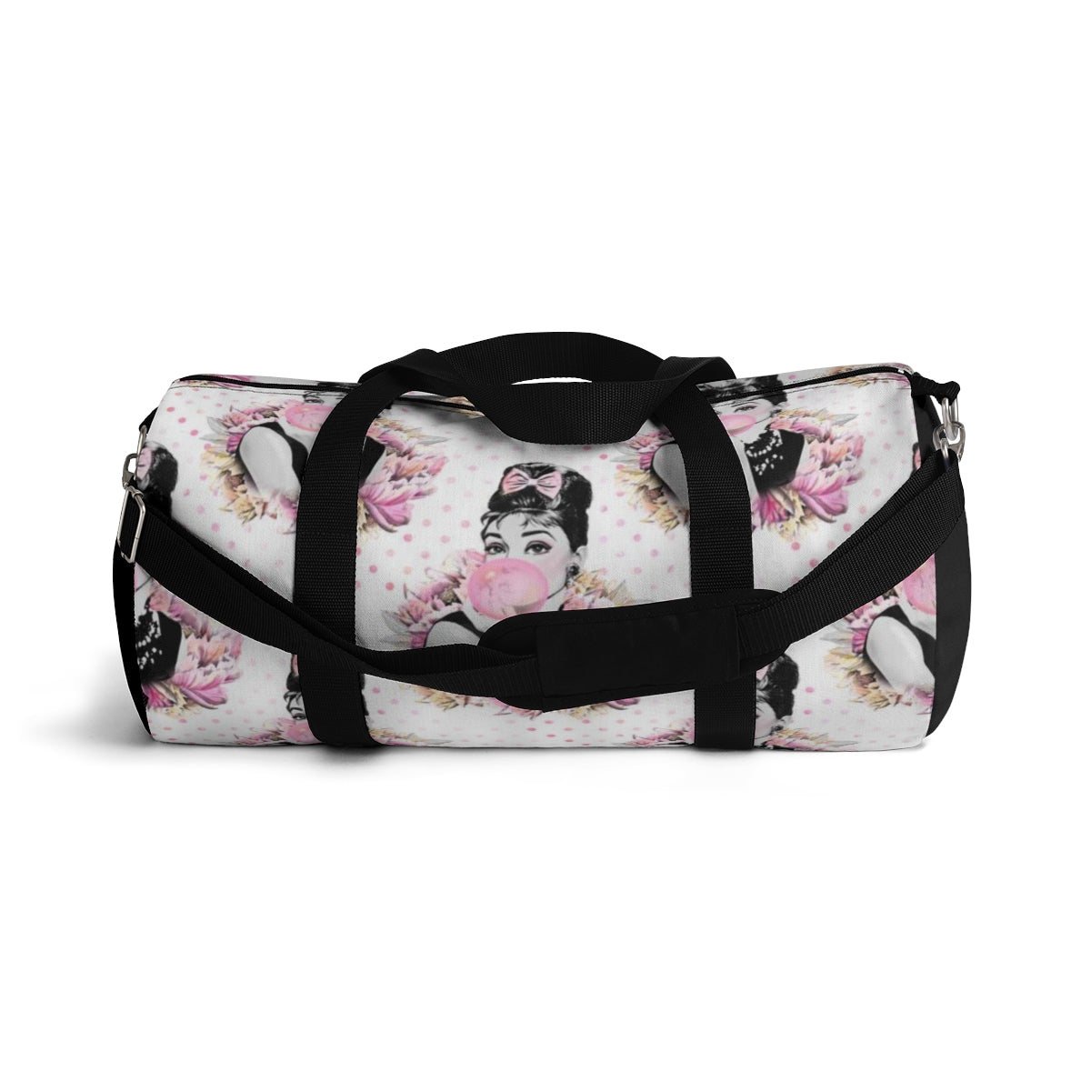 Personalized Audrey Hepburn Duffel Bag - Pink Bubblegum Polka Dot