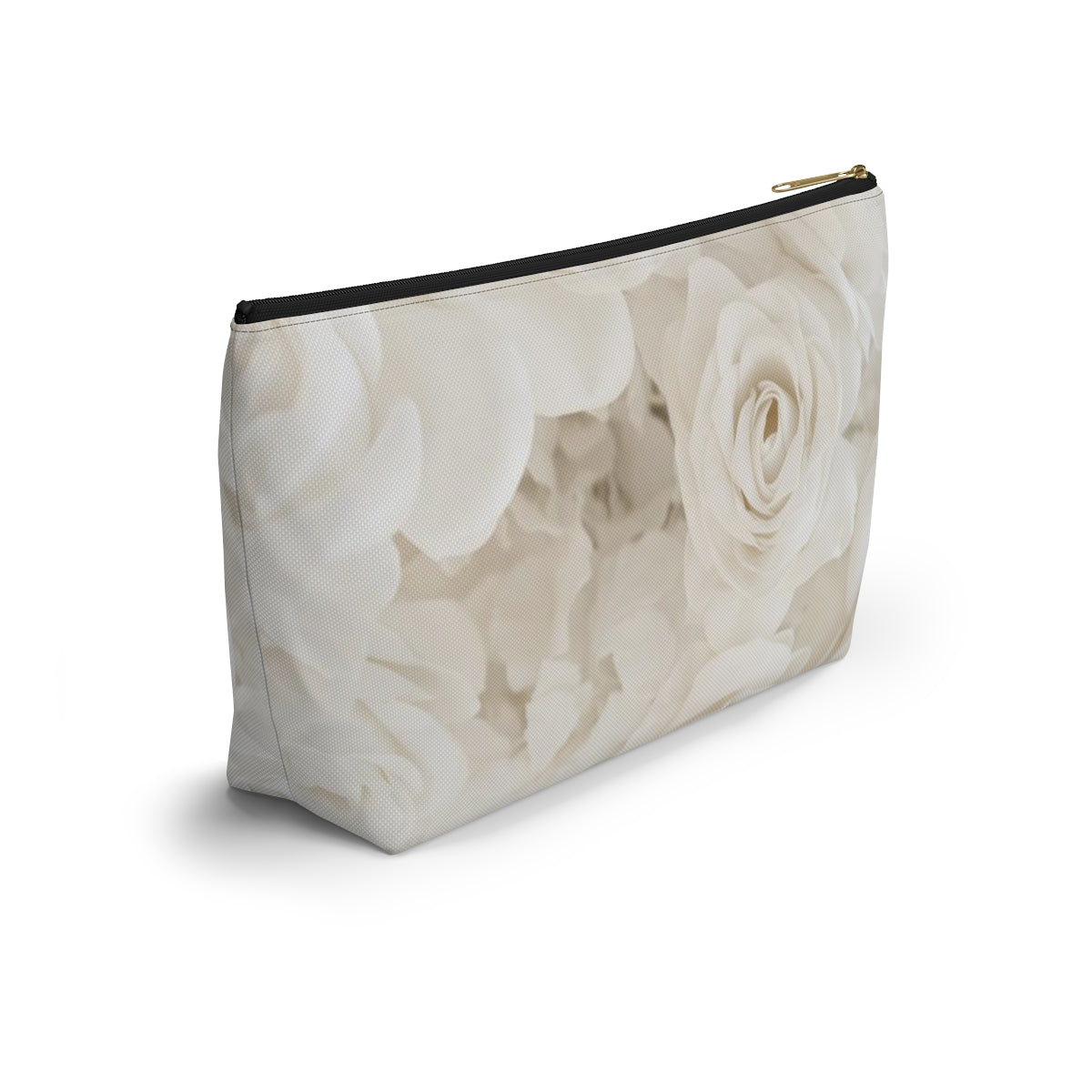 Personalized Cream Rose Cosmetic Pouch w T-bottom, Accessory Pouch - Off White Rose Leopard Print