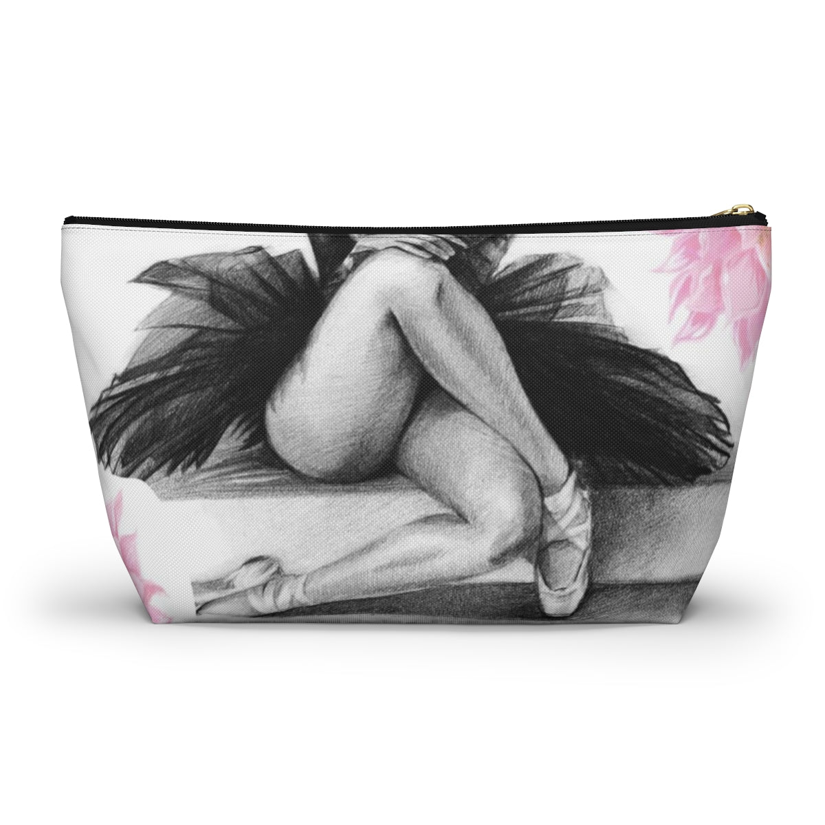 Ballet Cosmetic Pouch w T-bottom, Accessory Pouch, Pink Flowers