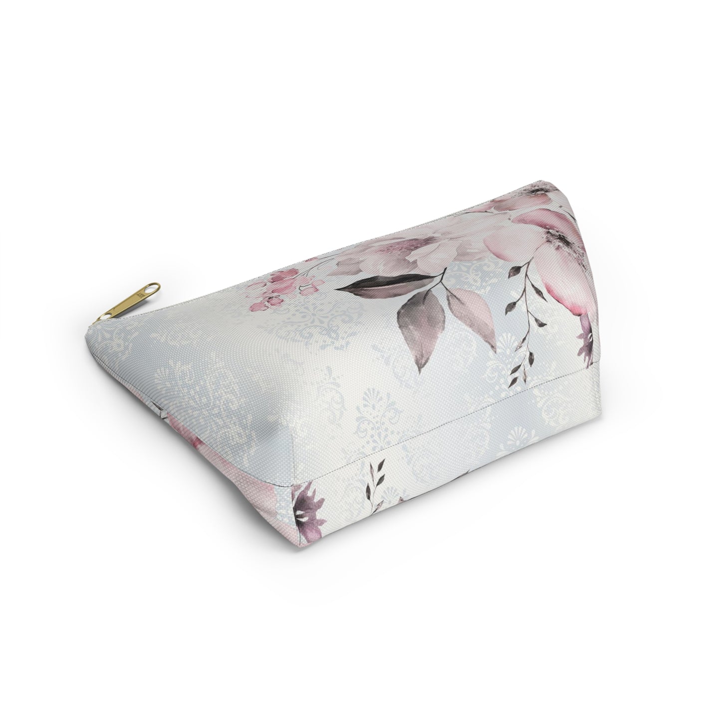 Personalized Pink Flower Damask - Cosmetic Pouch w T-bottom, Accessory Pouch