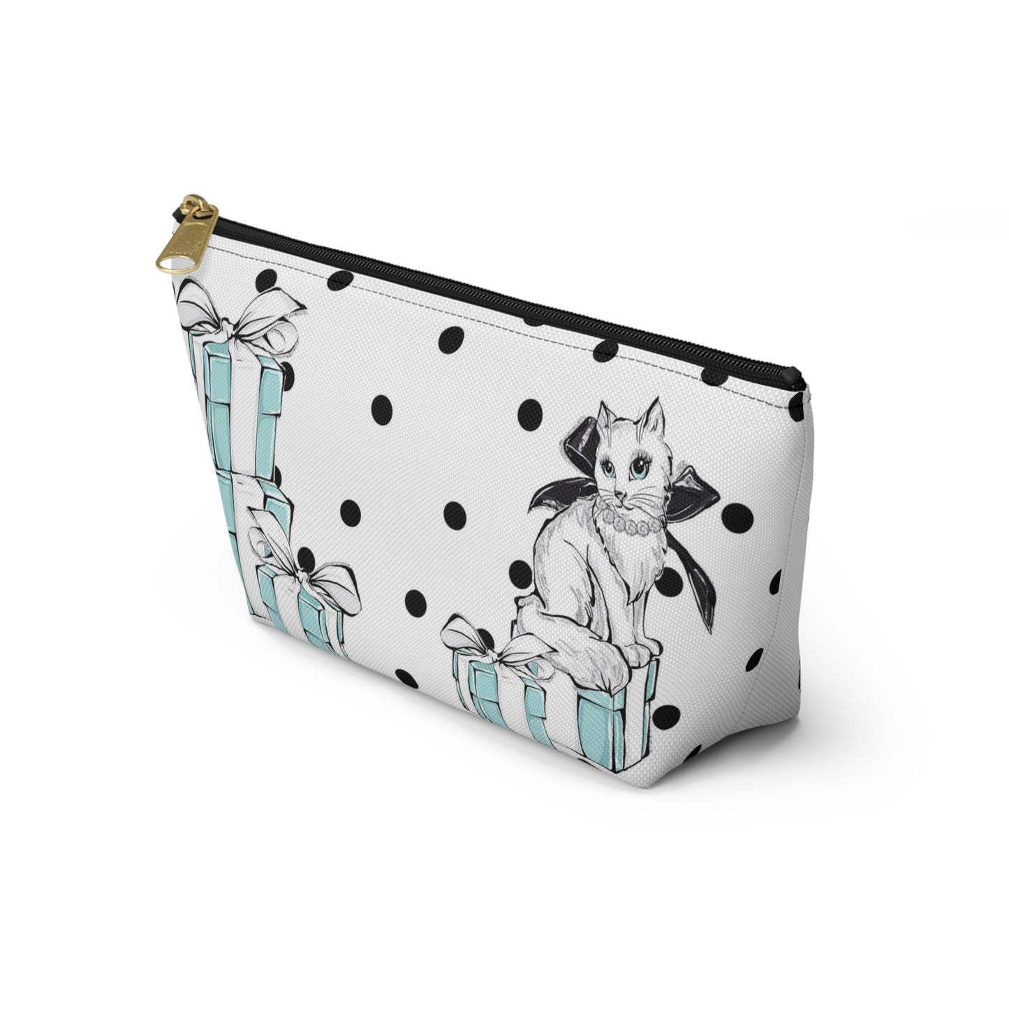 Personalized Kitty Cat Cosmetic Pouch w T-bottom, Accessory Pouch, Cats Polka Dot Breakfast at Tiffany