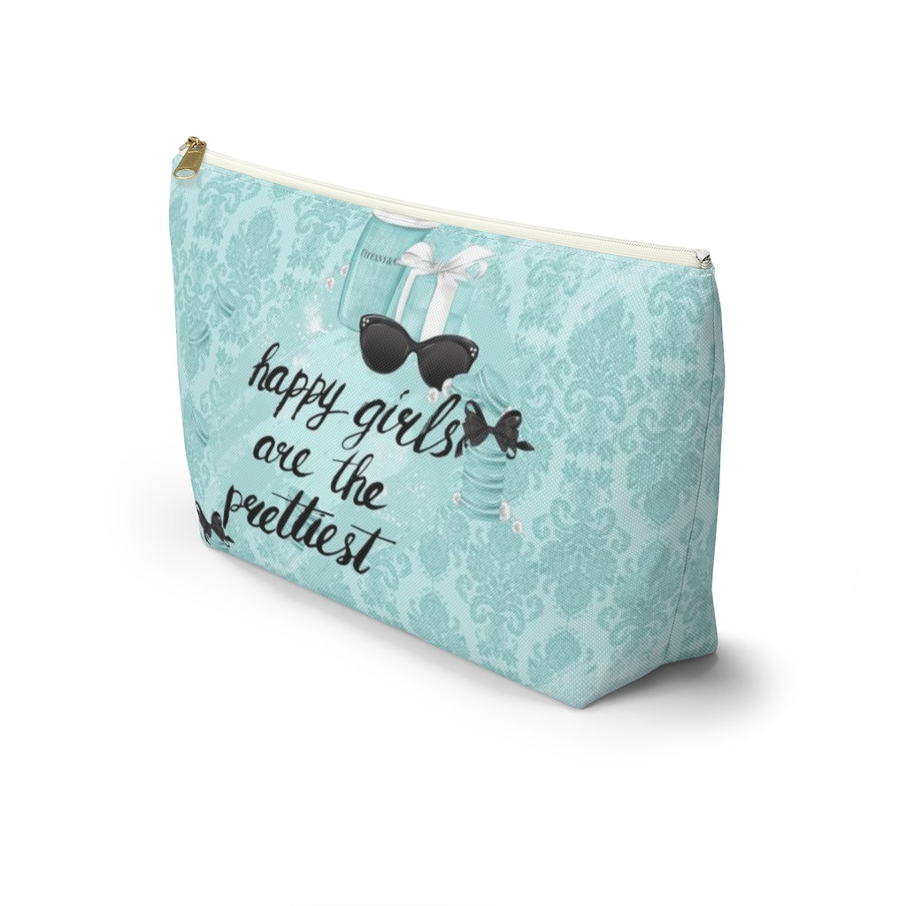 Happy Girls are the Prettiest Cosmetic Pouch w T-bottom, Accessory Pouch, Breakfast at Tiffany