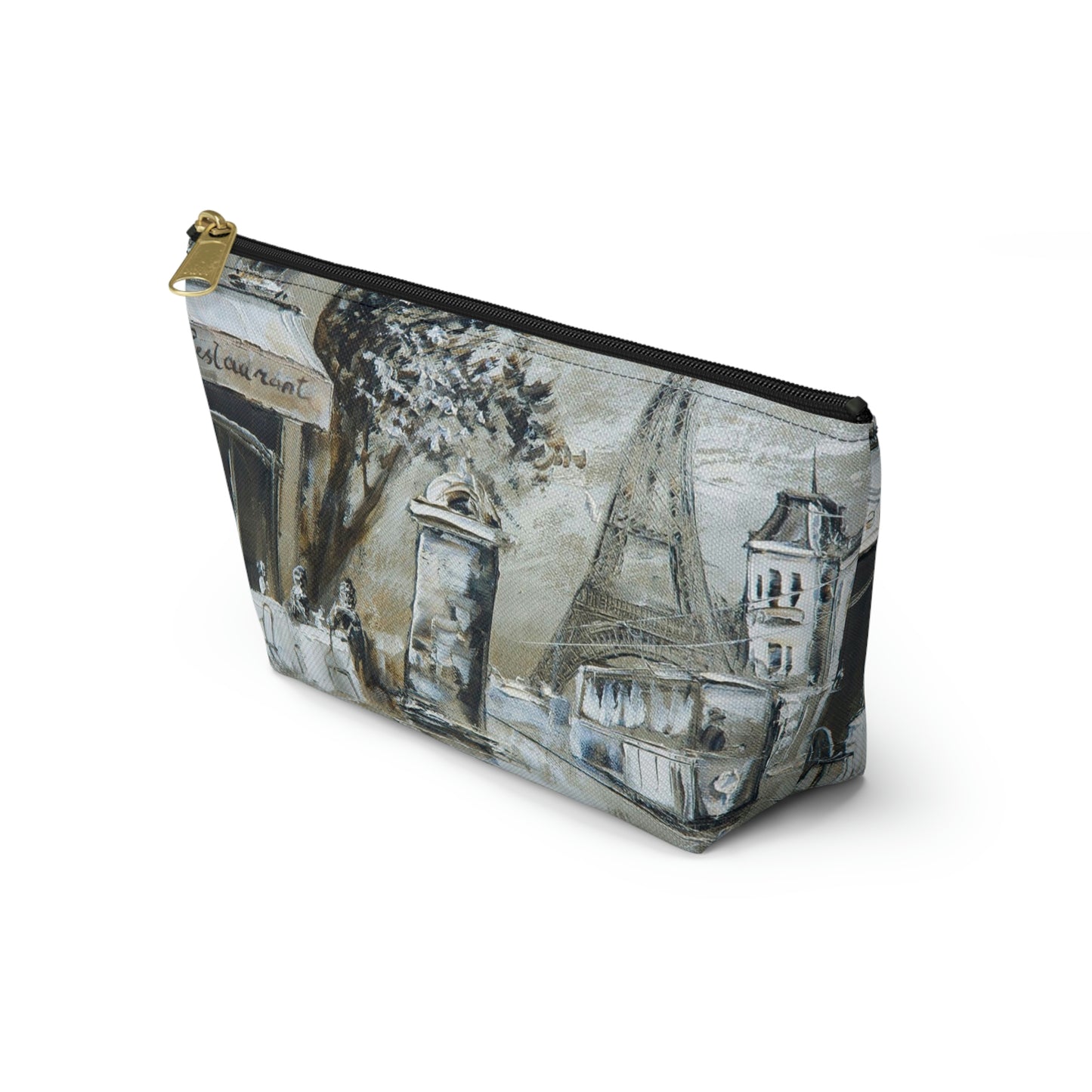 Eiffel Tower Cosmetic Pouch w T-bottom, Accessory Pouch - Cafe in Paris