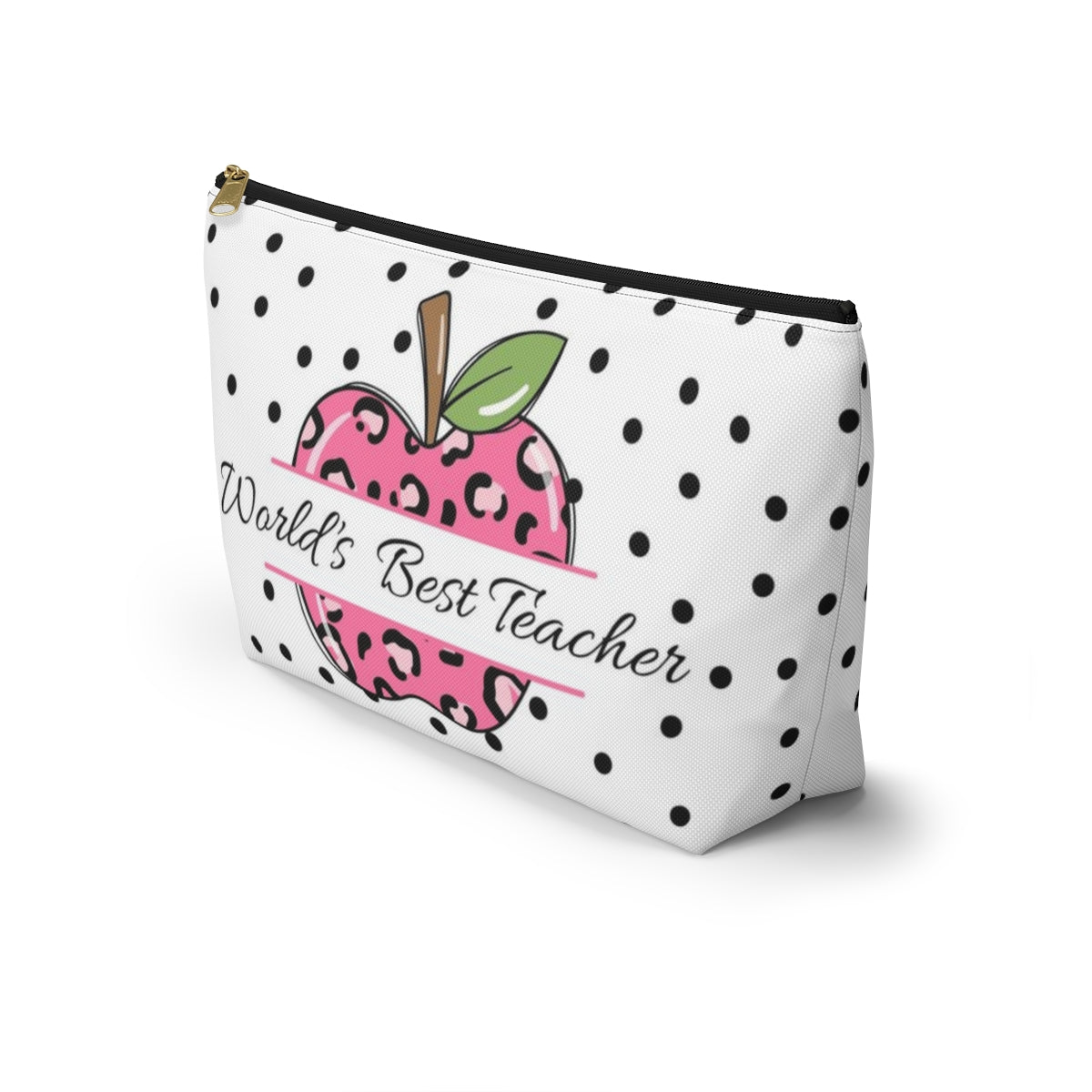 Personalized World's Best Teacher Cosmetic Pouch w T-bottom, Accessory Pouch, Pink Leopard Apple Dot