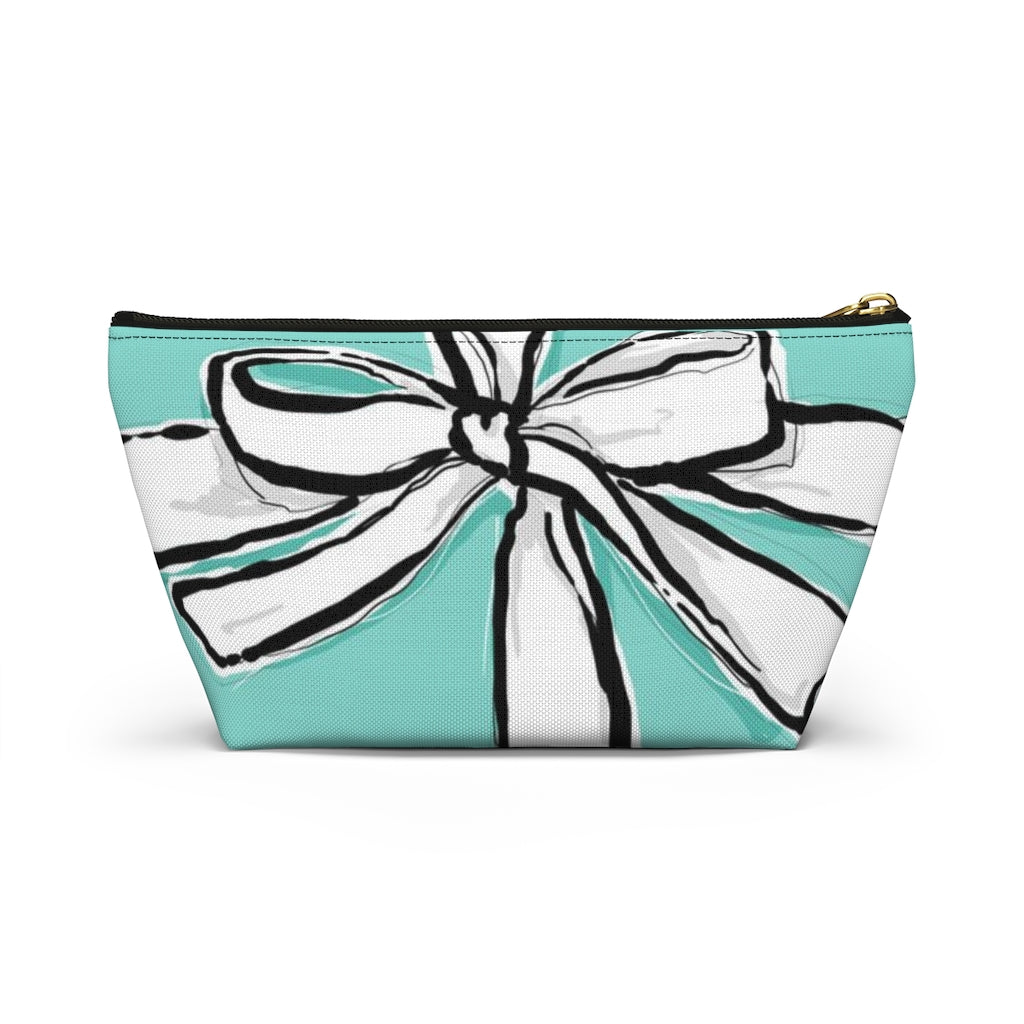 Blue Green Bow Cosmetic Pouch w T-bottom, Accessory Pouch, Breakfast at Tiffany