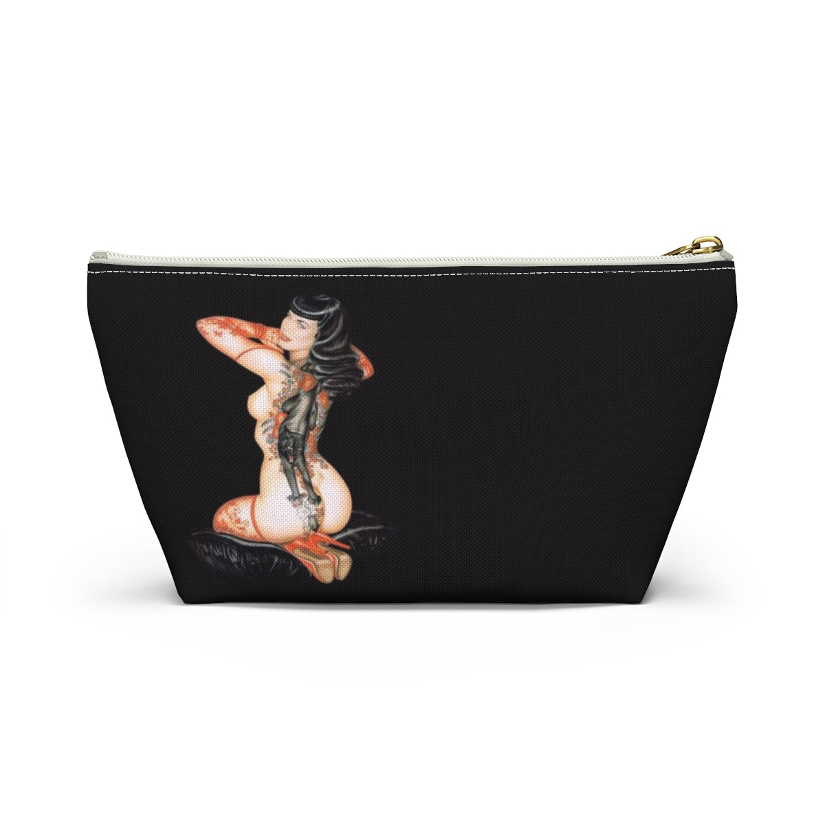 Pinup Girl Cosmetic Pouch w T-bottom, Accessory Pouch - Femme Forever Black Cat Tattoo Pinup Girl